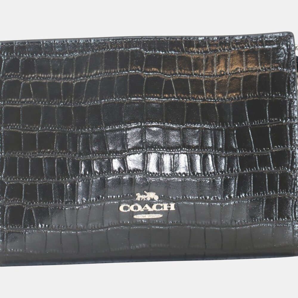 Coach Croc-Embossed Leather Slim Crossbody Bag – Black with Silver Chain (CR237)